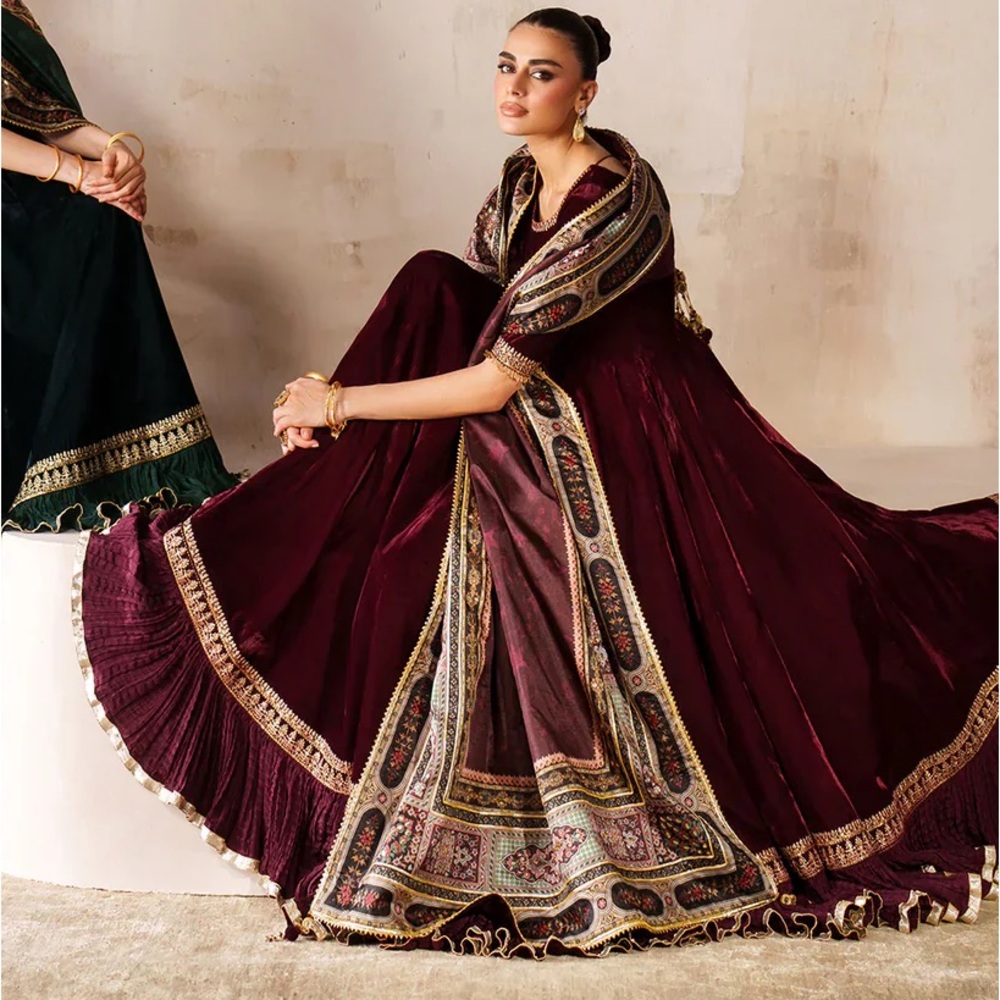 BAROQUE PAKISTANI AUTHENTIC DESIGNER VELVET FLARED RUFFLED DRESS